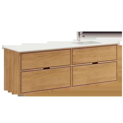 160 cm Light Oiled Just Wood bathroom furniture with 4 drawers and Solid Surface countertop - Right