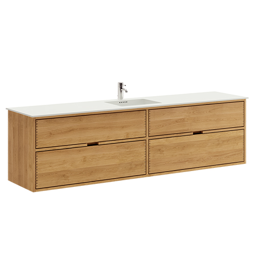 200 cm Light Oak Just Wood bathroom furniture with 4 drawers and Solid Surface countertop - Double sink