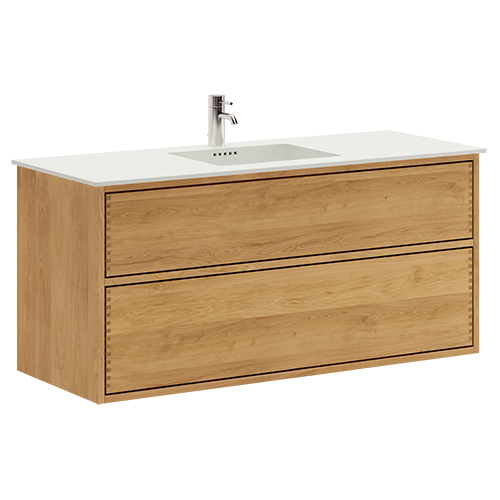 120 cm Light Oak Just Wood Push bathroom furniture with 2 drawers and Solid Surface countertop