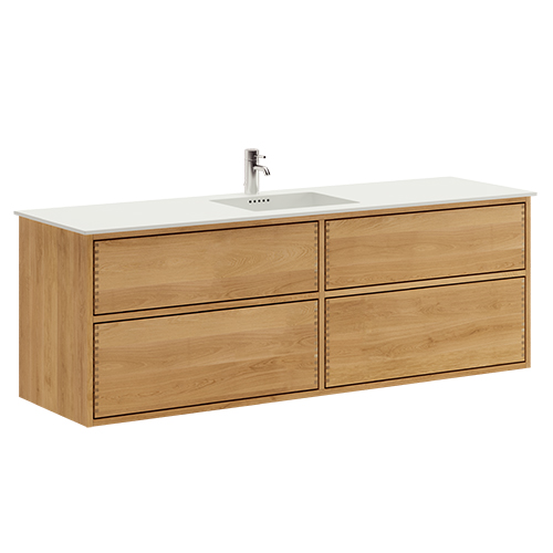 160 cm Light Oak Just Wood Push bathroom furniture with 4 drawers and Solid Surface countertop - Double sink