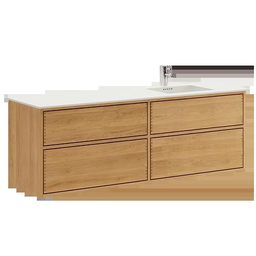 160 cm Lightly Oiled Just Wood Push bathroom furniture with 4 drawers and Solid Surface countertop - Right