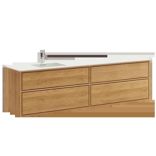 200 cm Light Oak Just Wood Push bathroom furniture with 4 drawers and Solid Surface countertop - Left