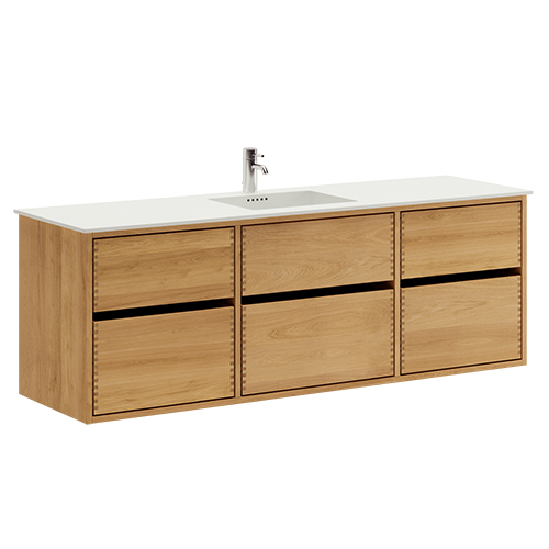 160 cm Light Oiled Just Wood Original bathroom furniture with 6 drawers and Solid Surface countertop
