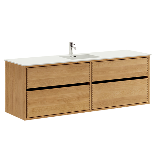 160 cm Light Oiled Just Wood Original bathroom furniture with 4 drawers and Solid Surface countertop - Double sink