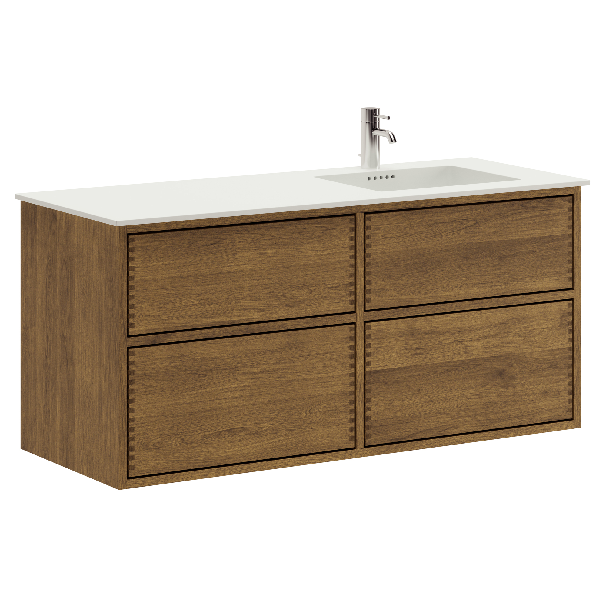 120 cm Dark Stained Just Wood Push Bathroom Furniture with 4 Drawers - Right Cutout
