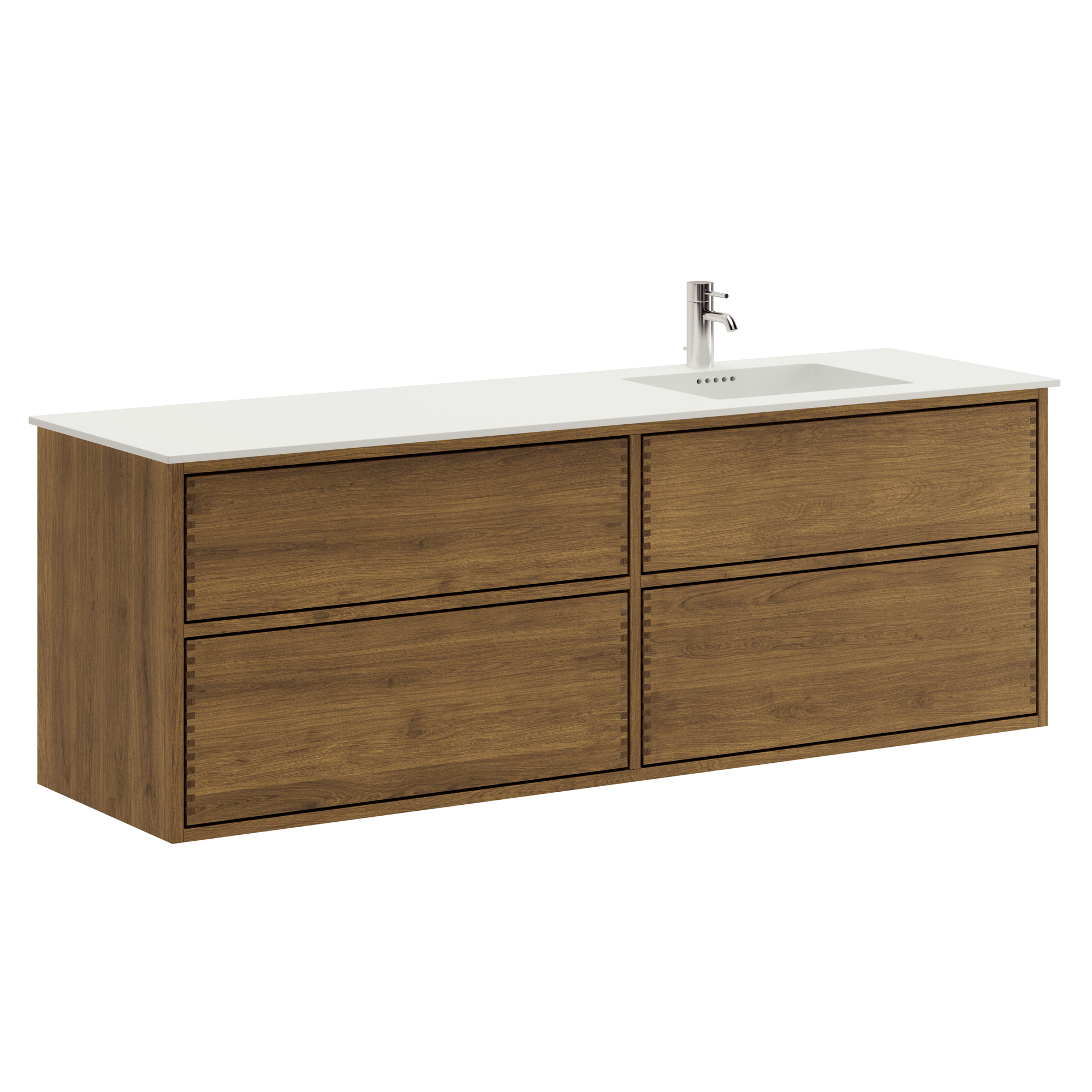 160 cm Dark-stained Just Wood Push bathroom furniture with 4 drawers - Right cutout