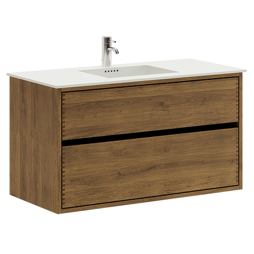 100 cm Dark-stained Just Wood Original bathroom furniture with 2 drawers and Solid Surface countertop