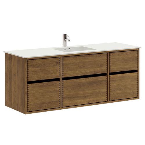 140 cm Dark-stained Just Wood Original bathroom furniture with 6 drawers and Solid Surface countertop
